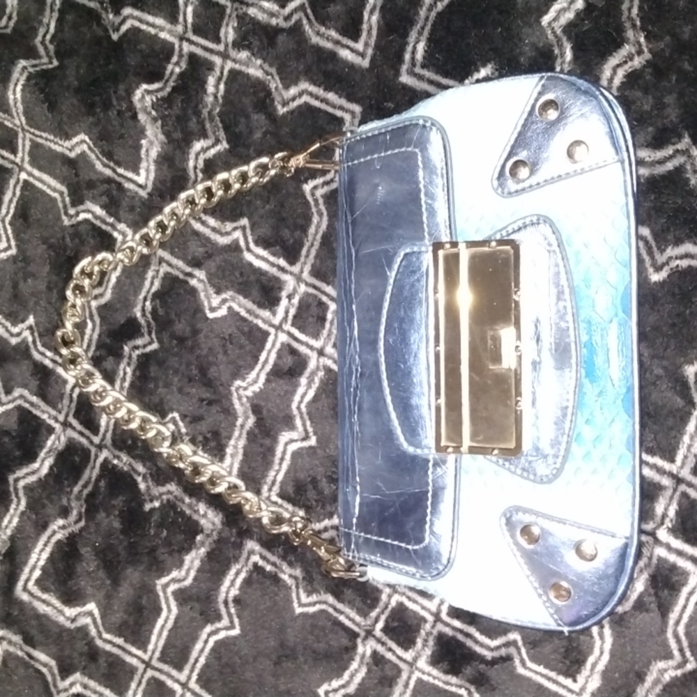 CNKW Mini Shoulder Bag  Short Chain Strap Embossed Animal Pattern blue metallic